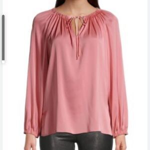 Liverpool Pink Pleated Long Sleeve Blouse with Split Neck That Ties. Size Large